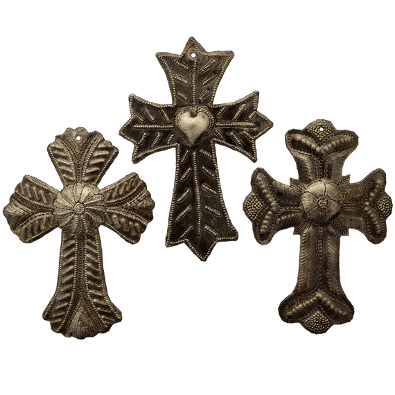 Metal Cross Religious Crosses Hand Crafted in Haiti From Recycled Oil Drums Set of 3